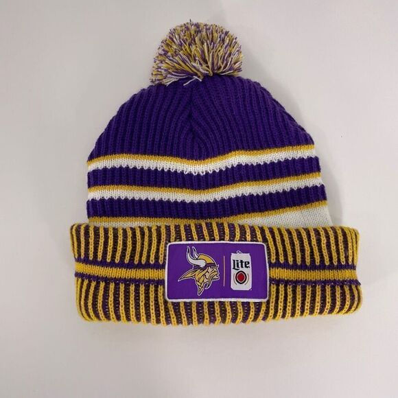 Minnesota Vikings Football x Miller Lite Purple & Yellow Pom Pom Winter Hat - Picture 1 of 3